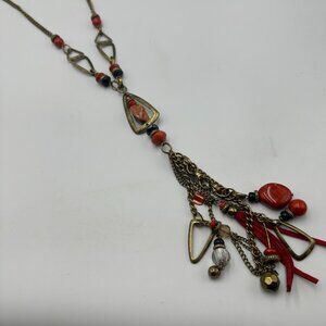 3/$30 Ruby Rd Necklace Brass Tone Red Stone Beaded Tassel Pendant Boho Long